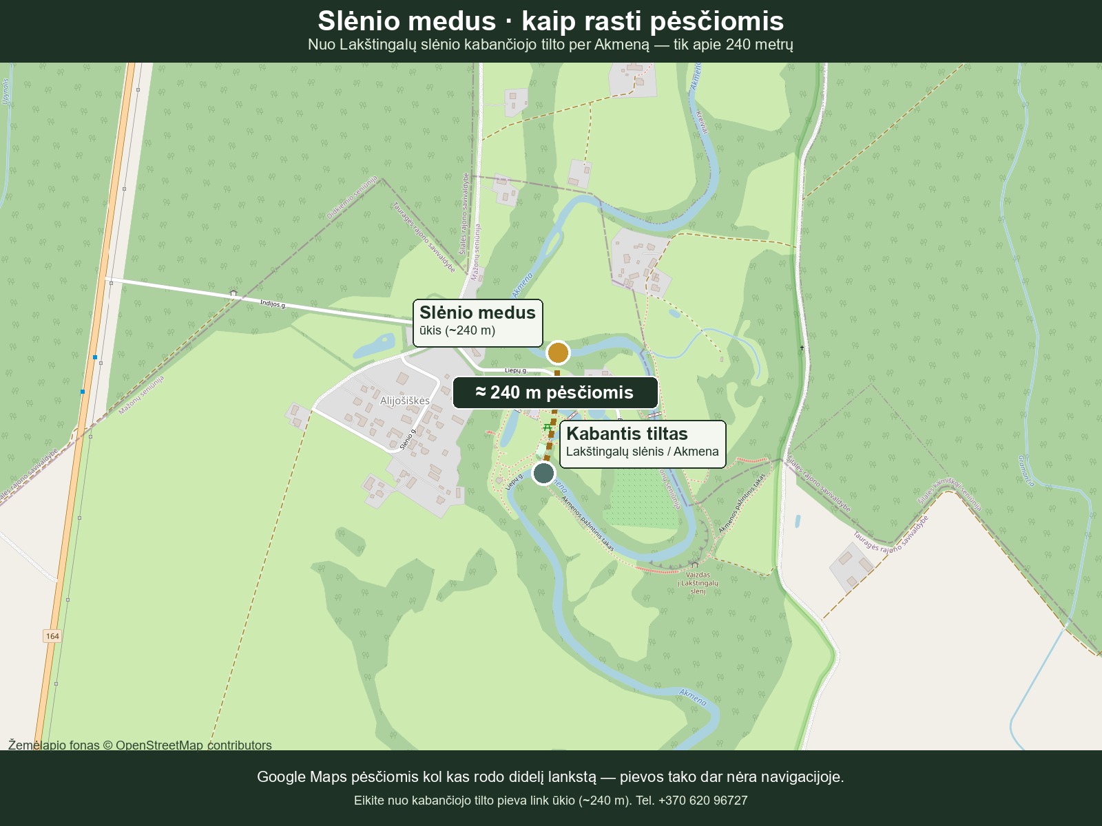 Map: about 240 m on foot from the Nightingale Valley hanging bridge to Slėnio medus