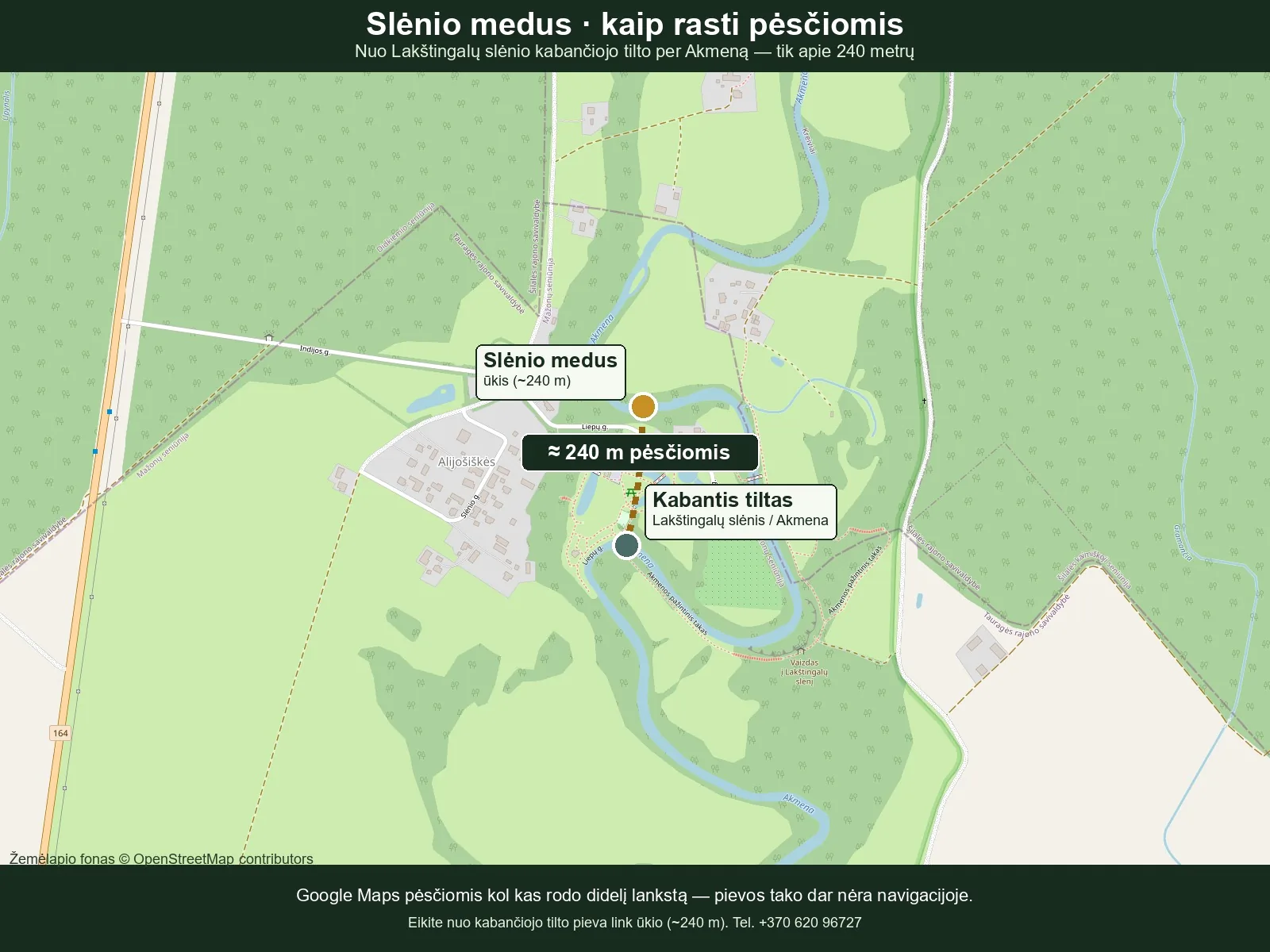 Žemėlapis: nuo Lakštingalų slėnio kabančiojo tilto iki Slėnio medus ūkio apie 240 m pėsčiomis